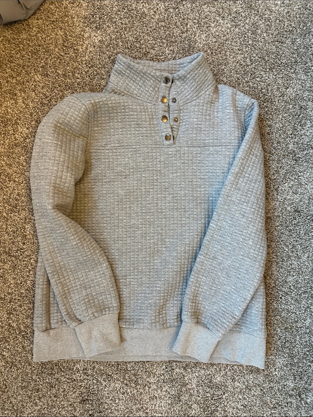 Doe & Rae Light Gray Quilted Mock Neck Sweater with Button Placket